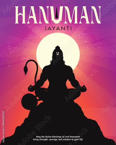 Lord Hanuman Meditating Silhouette. Happy Hanuman Jayanti Festival Vector Background.