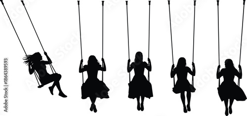 Girl swing silhouette set, playful childhood motion, black vector illustration of kids swinging in park playground collection