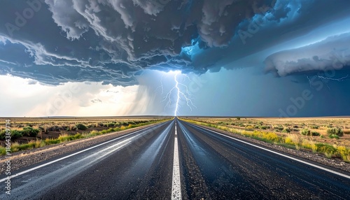 Long asphalt road disappearing into a dramatic storm with lightning