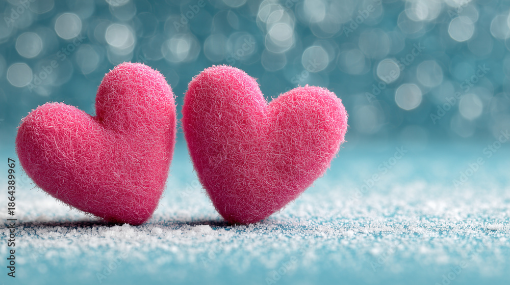 Obraz premium Two Pink Hearts Valentine’s Day Background with Bokeh