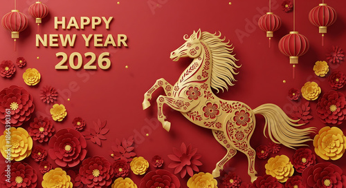Happy Chinese New Year 2026 Celebration with Elegant Horse and Floral Design in Red and Gold, Festive Greeting