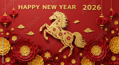 Happy New Year 2026: Elegant Horse Symbol, Papercut Flowers, Festive Red & Gold Design for Celebrations