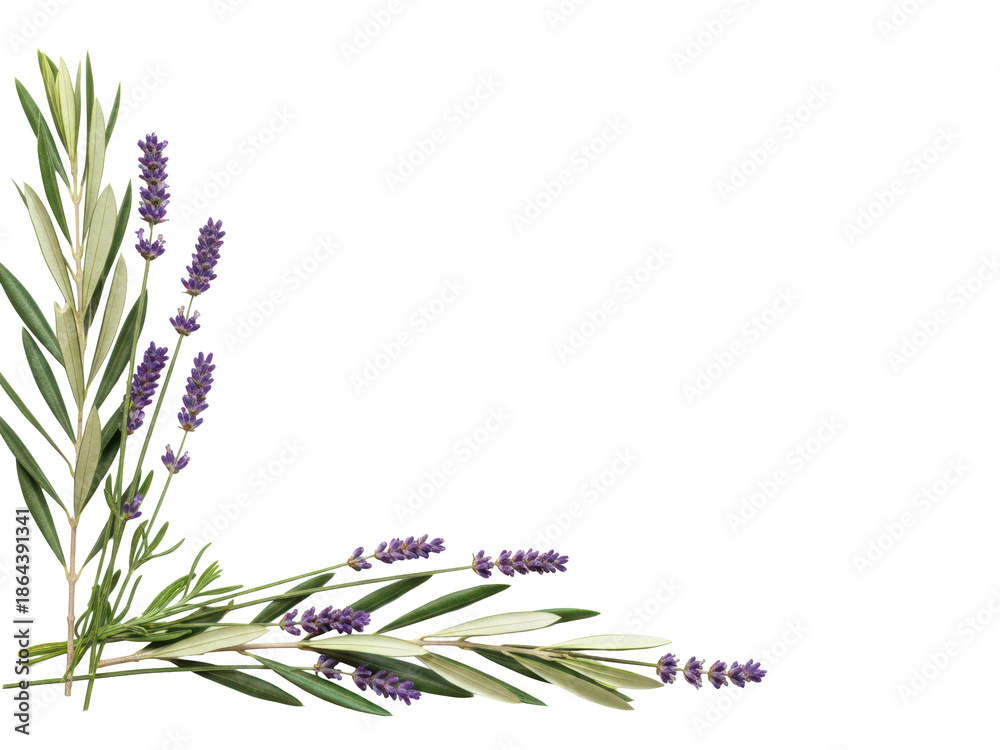 © Hazim - Elegant botanical corner composition featuring lavender sprigs and olive branches in muted sage green isolated on white background