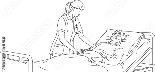nurse caring elderly patient, hospital bed medical illustration, healthcare line art drawing, compassion support concept, professional nursing care scene