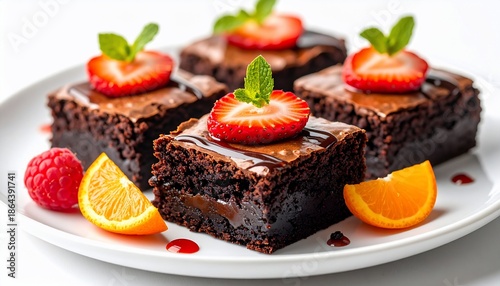 Close-up of four brownies with glossy topping, strawberries, mint, & orange/raspberry garnish