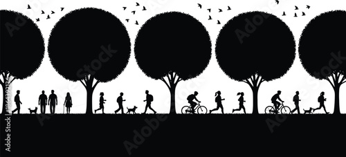 People silhouettes walking jogging cycling in park, urban nature scene, active lifestyle concept, outdoor recreation illustration design