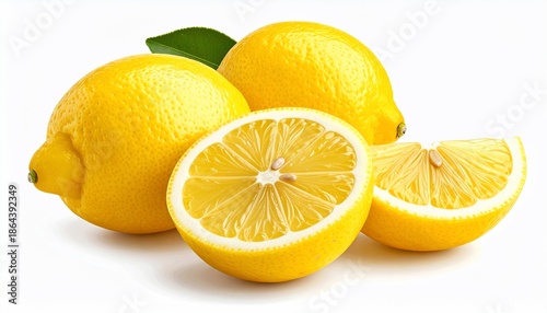 Group of bright yellow citrus fruits with one cut open, showing interior, on white