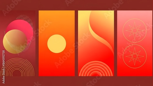 Vibrant Abstract Geometric Patterns with Gradient Backgrounds and Gold Accents for Modern Design