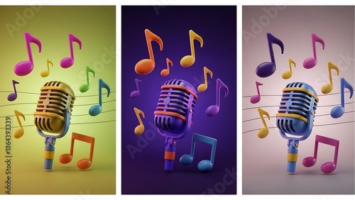 3D Retro Microphone with Vibrant Musical Notes in Gradient Backgrounds for Music and Audio Themes