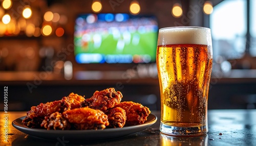 A plate of wings and a beer glass are placed in front of a tv playing a game