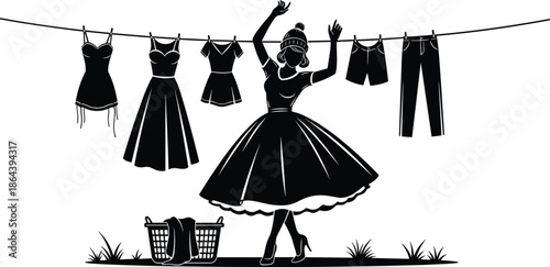 woman hanging laundry silhouette dancing, clothesline fashion dress illustration, domestic lifestyle concept, black white vector artwork isolated background