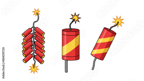 Vibrant illustration showcasing various red and yellow firecrackers with lit fuses, ready for celebration.