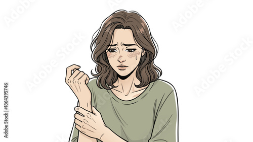 A woman's distress and emotional pain are conveyed through her tearful eyes and clasped hands