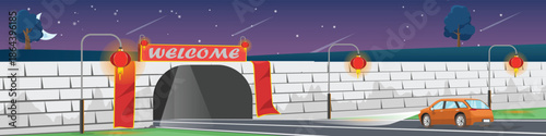 Car driving into stone tunnel at night on asphalt road. With Welcome sign and glowing red lanterns. Chinese New Year festival travel concept vector illustration.