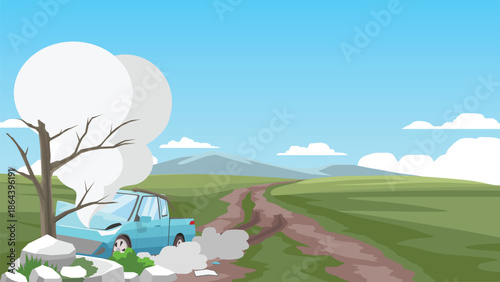 Car accident vector illustration of a blue pickup truck crashing into a dead tree with smoke and skid marks. Auto insurance, road safety, and vehicle damage concept on a rural landscape.