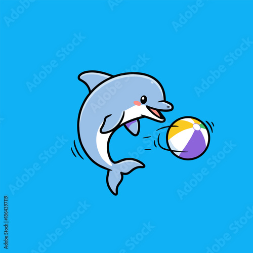 Cute cartoon dolphin jumping with a ball in the ocean