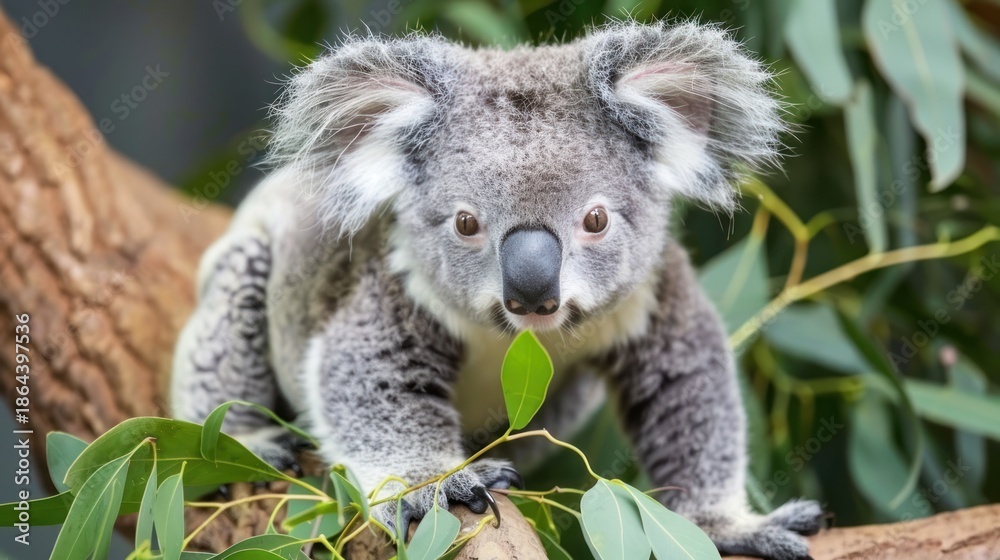 Fototapeta premium Cute Gray Koala Bear Sitting on Tree Branch in Green Foliage