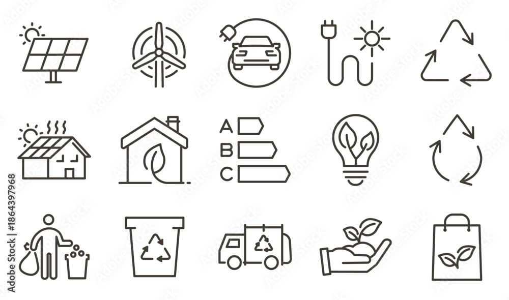 Fototapeta premium Sustainability, recycling, renewable energy icon set. Thin line editable stroke icons for ecology, green energy, solar power, wind turbine, electric vehicle, recycling, and environmental protection.