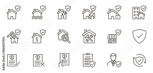 Home protection and property safety icon set. Thin line editable stroke icons for real estate insurance, home security, property damage, flood, fire, repair, loan, safety, and inspection.