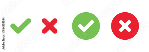 Check mark and cross mark icons. Green and red circles. Check tick and x cross symbols for validation, confirmation, checklist signs, approval badge. Flat modern checkmark design. Vector illustration