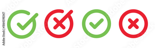 Check mark and cross mark icons. Green and red circles. Check tick and x cross symbols for validation, confirmation, checklist signs, approval badge. Flat modern checkmark design. Vector illustration