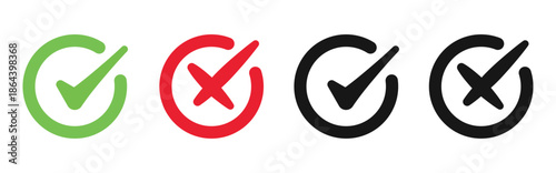 Check mark and cross mark icons. Green and red circles. Check tick and x cross symbols for validation, confirmation, checklist signs, approval badge. Flat modern checkmark design. Vector illustration