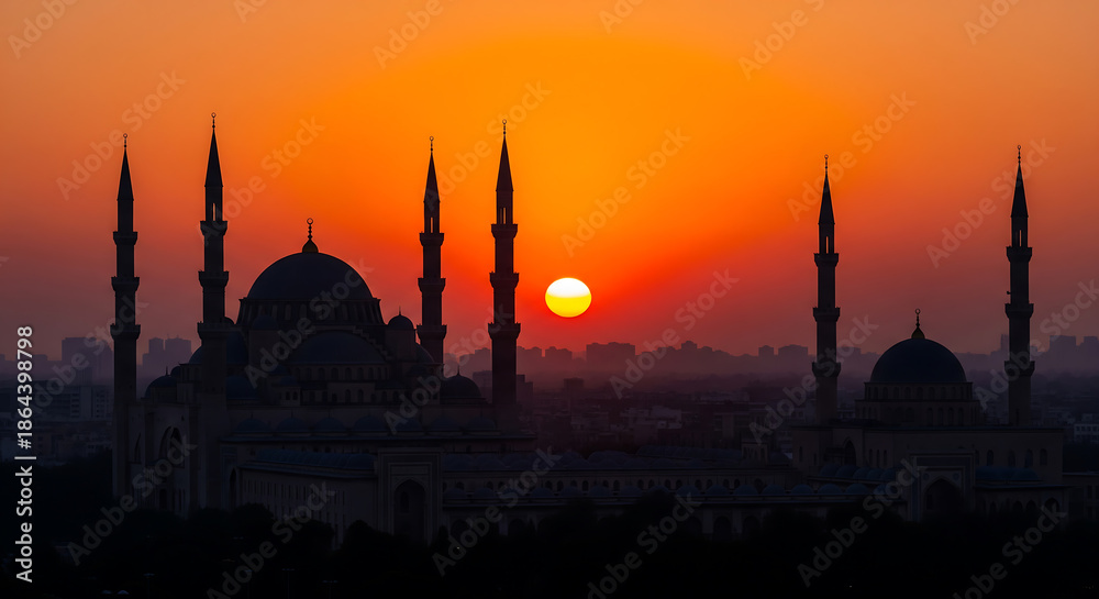 Fototapeta premium Dramatic Sunset Silhouette of a Mosque: Religious and Architectural Landmark, Islamic Culture, Travel and Tourism Concept