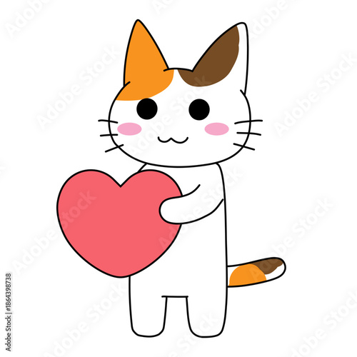 大きなハートを持って微笑む三毛猫のイラスト