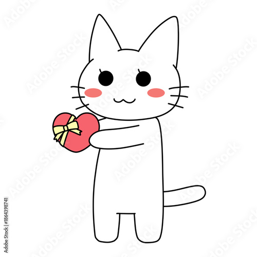 ハートのチョコを持って微笑む白い猫のイラスト