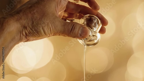 Pouring Liquid from Glass Container - Close-Up with Bokeh.