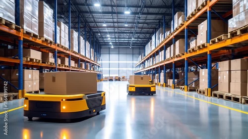 Automated guided vehicles carrying cardboard boxes in a large, modern warehouse environment.