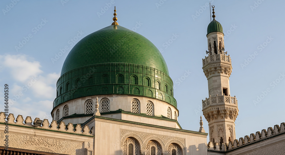 Obraz premium Islamic architecture: Green domed mosque with minaret, a symbol of faith and cultural beauty, beautiful religious landmark.