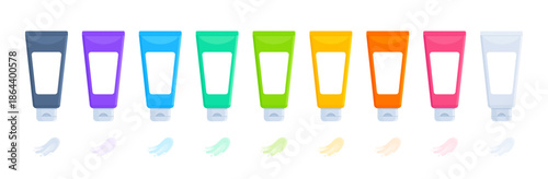 Set of colorful cosmetic tubes with liquid samples. Skincare, hygiene, beauty, and packaging concepts. Flat vector illustration isolated on white background