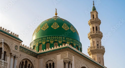 Stunning Islamic Architecture: Mosque Facade with Green Dome and Minaret Against a Clear Sky, Travel and Religious Concept