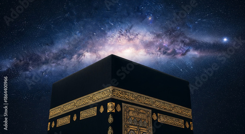 Stunning View of the Kaaba in Mecca Illuminated by the Starry Night, Islamic Pilgrimage Symbol