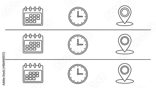 thin line clock calender maps icon