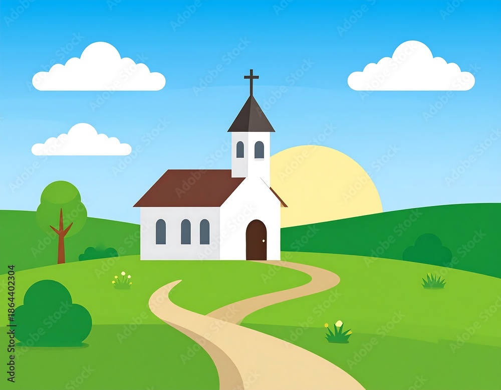 Naklejka premium Cartoon church on a hill with a path under fluffy clouds and bright blue sky with a bright sun background