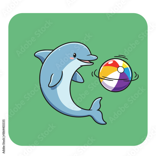 Cute cartoon dolphin jumping out of the water and playing with a ball in the blue ocean illustration