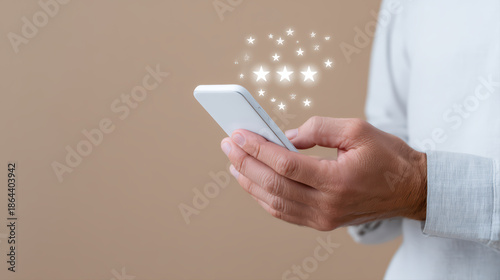 Hands holding smartphone glowing star notification magic effect, mobile phone hand text message glowing stars notification magic effect modern device