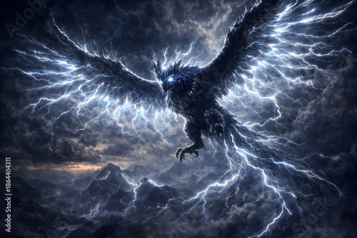 Thunderbird lightning spirit bird soaring over stormy mountains, Native American mythology