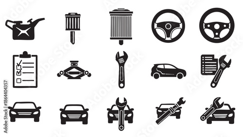 Collection of car maintenance and driving related icons isolated