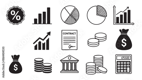 Collection of financial and business growth icons isolated on transparent background