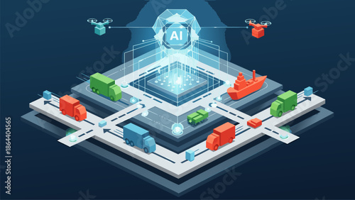 AI powered logistics network with drones, trucks, and ships in isometric view