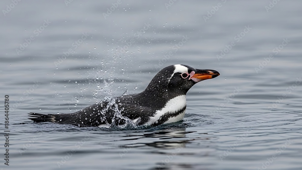 Fototapeta premium Gentoo Penguin in Action: A gentoo penguin gracefully gliding through the cool, crisp waters of the ocean, a splash of water as it moves swiftly. A testament to nature's aquatic artistry.