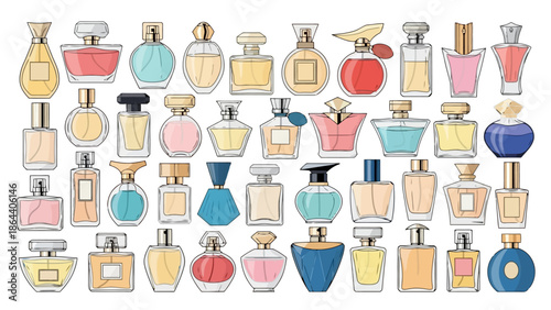 Collection of Perfume Bottles in Various Shapes and Colors Displayed