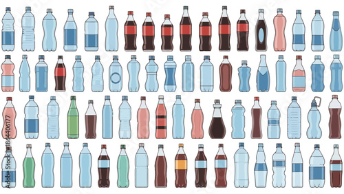 Assorted drink bottles in various colors and shapes displayed on a clean white background, showcasing diverse beverages and packaging styles