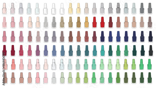 Multiple nail polish bottles in various colors arranged in rows on a surface as seen from directly above a18.eps