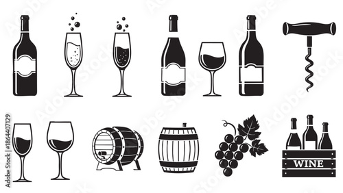 Set of wine related icons and illustrations isolated on transparent background