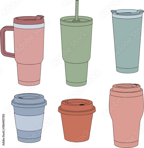 Collection of Reusable Tumblers and Coffee Cups