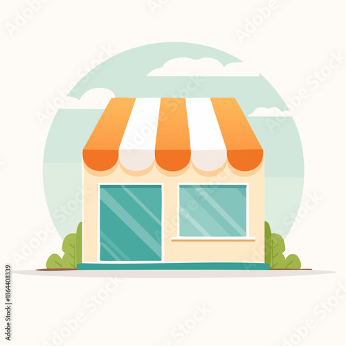 Cartoon storefront building with striped awning and greenery against a cloudy sky